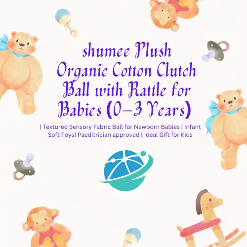 shumee Plush Organic Cotton Clutch Ball with Rattle for Babies (0-3 years) | Textured Sensory Fabric Ball for Newborn Babies | Infant Soft Toys| Paeditrician approved | Ideal Gift for Kids